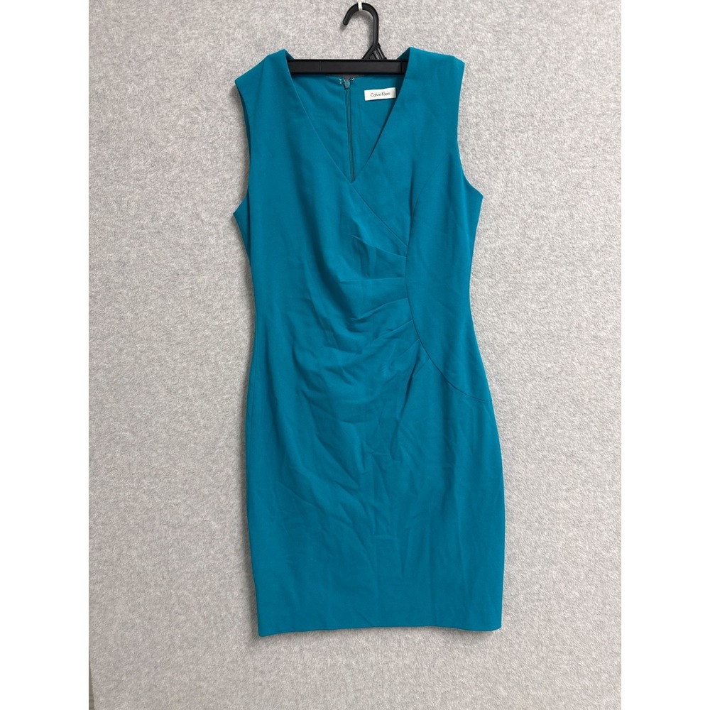 Calvin Klein Sheath Dress Womens Teal Pleated Back Zip V-Neck‎ Sleeveless Party